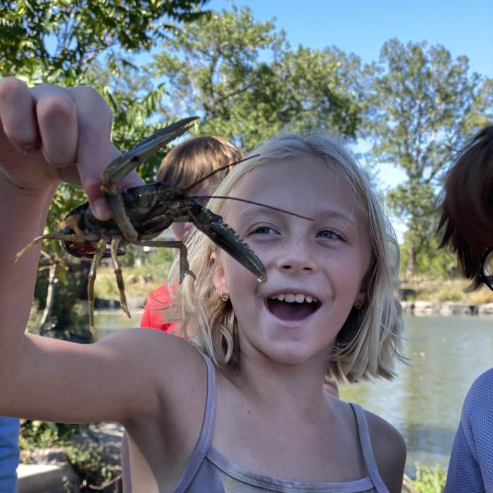 Child holding a crayfish during an outdoor river activity.
